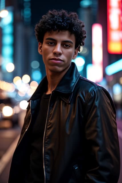 Man in a black jacket standing in a city at night