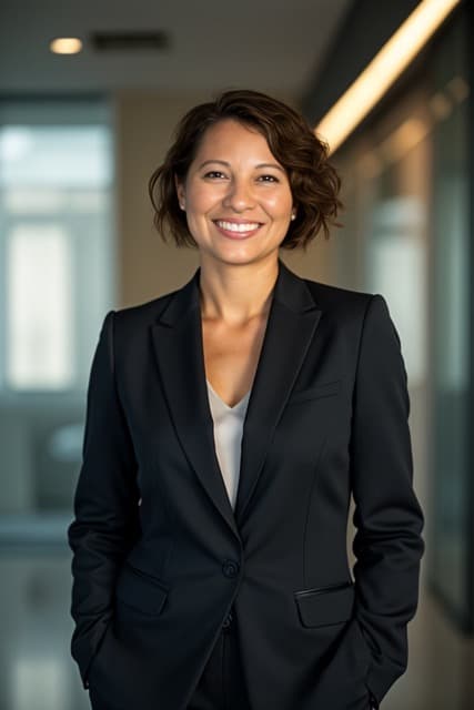 Portrait of a woman in a suit with a cityscape in the background