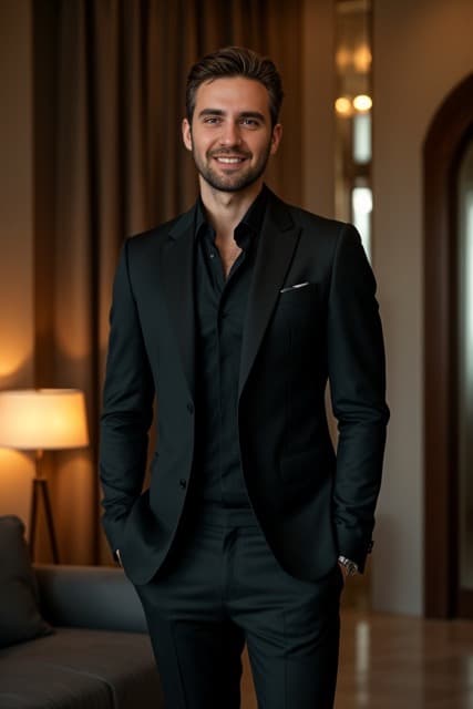 Sessão fotográfica de luxo com um homem vestido com um blazer formal azul escuro