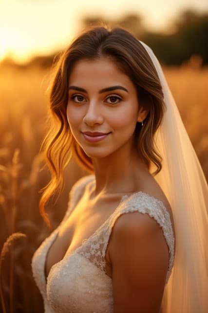 Chica de sesión de fotos de boda con vestido blanco en los campos generada por ai